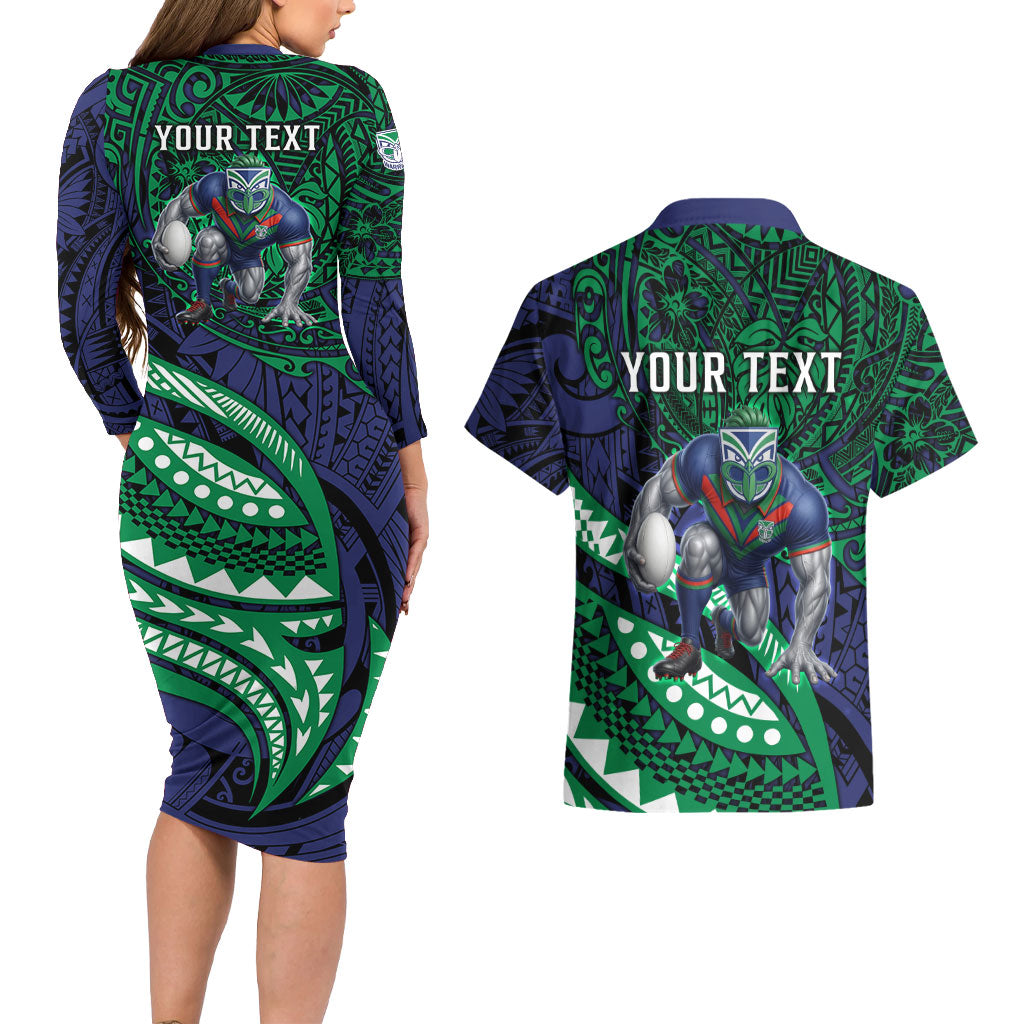 Personalised New Zealand Warriors Couples Matching Long Sleeve Bodycon Dress and Hawaiian Shirt Polynesian Tribal Art Style With Fierce Warrior Mascot