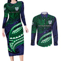 Personalised New Zealand Warriors Couples Matching Long Sleeve Bodycon Dress and Long Sleeve Button Shirt Polynesian Tribal Art Style With Fierce Warrior Mascot