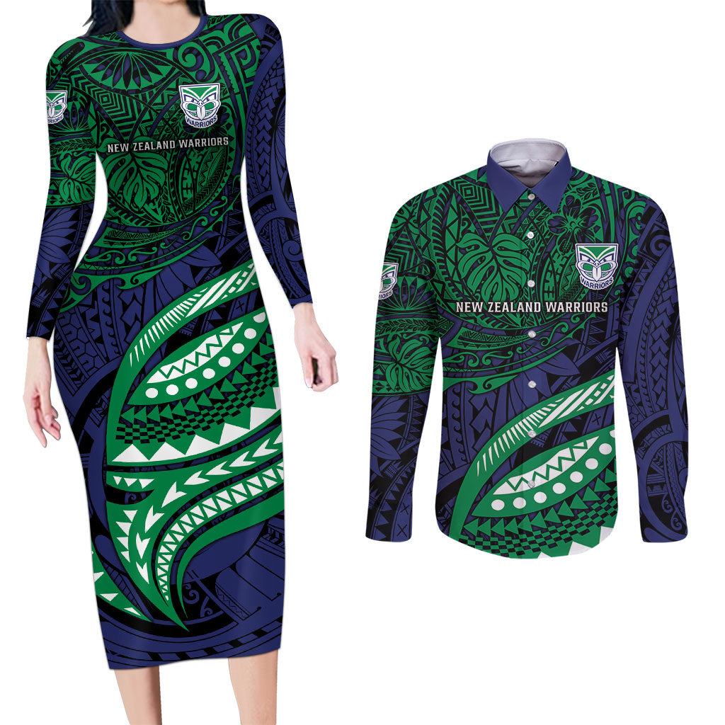 Personalised New Zealand Warriors Couples Matching Long Sleeve Bodycon Dress and Long Sleeve Button Shirt Polynesian Tribal Art Style With Fierce Warrior Mascot