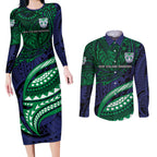 Personalised New Zealand Warriors Couples Matching Long Sleeve Bodycon Dress and Long Sleeve Button Shirt Polynesian Tribal Art Style With Fierce Warrior Mascot