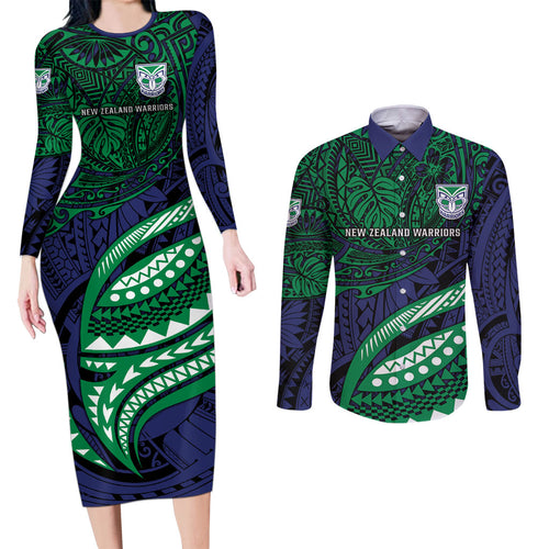 Personalised New Zealand Warriors Couples Matching Long Sleeve Bodycon Dress and Long Sleeve Button Shirt Polynesian Tribal Art Style With Fierce Warrior Mascot