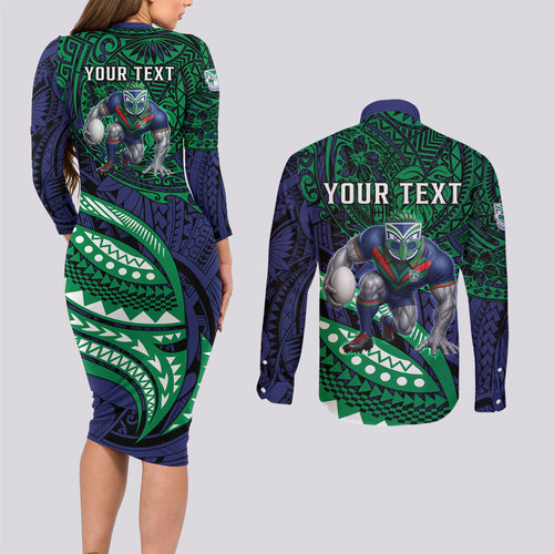 Personalised New Zealand Warriors Couples Matching Long Sleeve Bodycon Dress and Long Sleeve Button Shirt Polynesian Tribal Art Style With Fierce Warrior Mascot