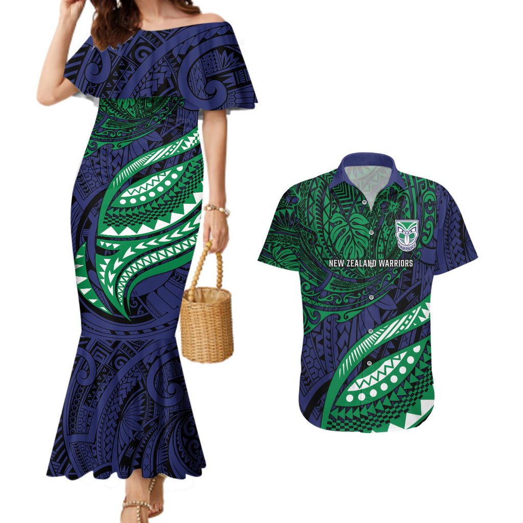 Personalised New Zealand Warriors Couples Matching Mermaid Dress and Hawaiian Shirt Polynesian Tribal Art Style With Fierce Warrior Mascot