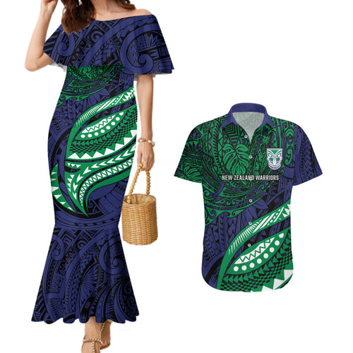 Personalised New Zealand Warriors Couples Matching Mermaid Dress and Hawaiian Shirt Polynesian Tribal Art Style With Fierce Warrior Mascot