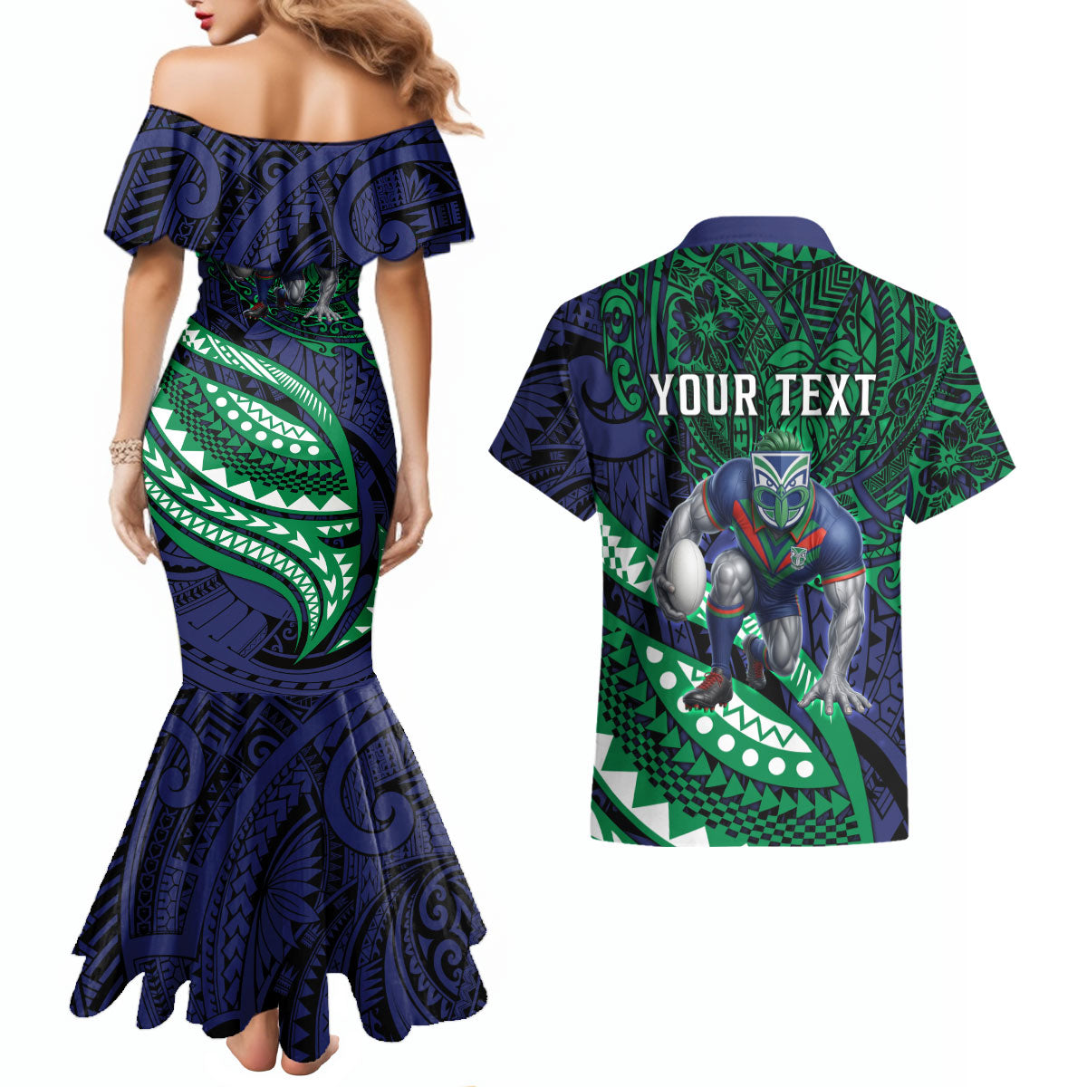 Personalised New Zealand Warriors Couples Matching Mermaid Dress and Hawaiian Shirt Polynesian Tribal Art Style With Fierce Warrior Mascot