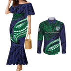 Personalised New Zealand Warriors Couples Matching Mermaid Dress and Long Sleeve Button Shirt Polynesian Tribal Art Style With Fierce Warrior Mascot