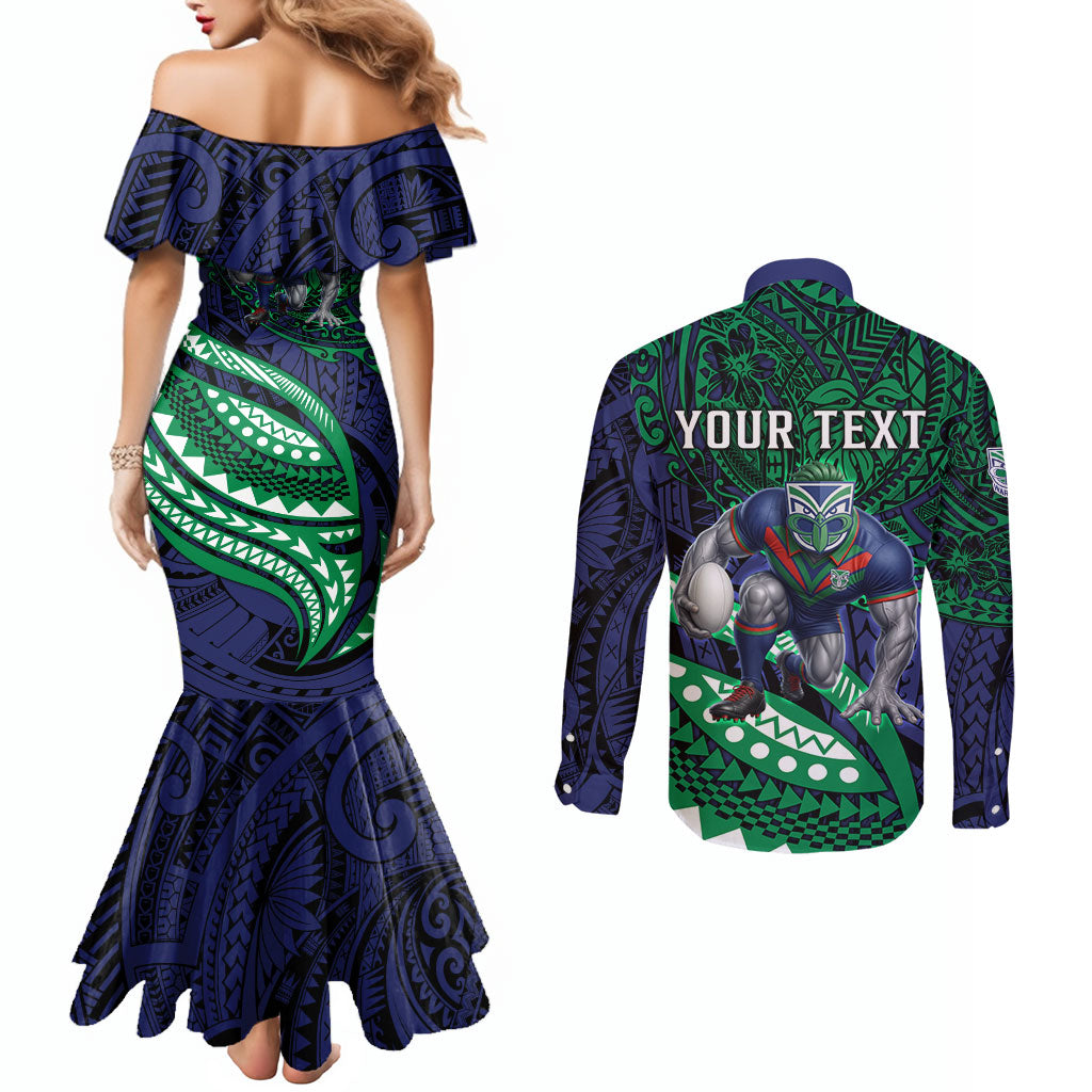 Personalised New Zealand Warriors Couples Matching Mermaid Dress and Long Sleeve Button Shirt Polynesian Tribal Art Style With Fierce Warrior Mascot