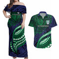 Personalised New Zealand Warriors Couples Matching Off Shoulder Maxi Dress and Hawaiian Shirt Polynesian Tribal Art Style With Fierce Warrior Mascot