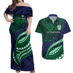 Personalised New Zealand Warriors Couples Matching Off Shoulder Maxi Dress and Hawaiian Shirt Polynesian Tribal Art Style With Fierce Warrior Mascot