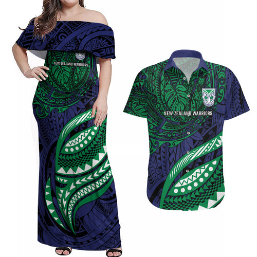 Personalised New Zealand Warriors Couples Matching Off Shoulder Maxi Dress and Hawaiian Shirt Polynesian Tribal Art Style With Fierce Warrior Mascot