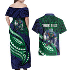 Personalised New Zealand Warriors Couples Matching Off Shoulder Maxi Dress and Hawaiian Shirt Polynesian Tribal Art Style With Fierce Warrior Mascot