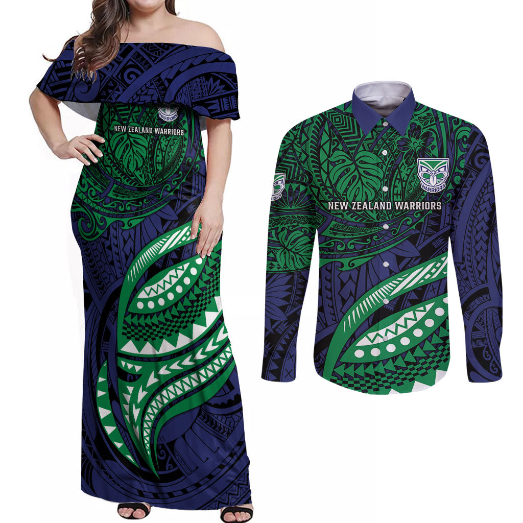 Personalised New Zealand Warriors Couples Matching Off Shoulder Maxi Dress and Long Sleeve Button Shirt Polynesian Tribal Art Style With Fierce Warrior Mascot