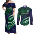 Personalised New Zealand Warriors Couples Matching Off Shoulder Maxi Dress and Long Sleeve Button Shirt Polynesian Tribal Art Style With Fierce Warrior Mascot