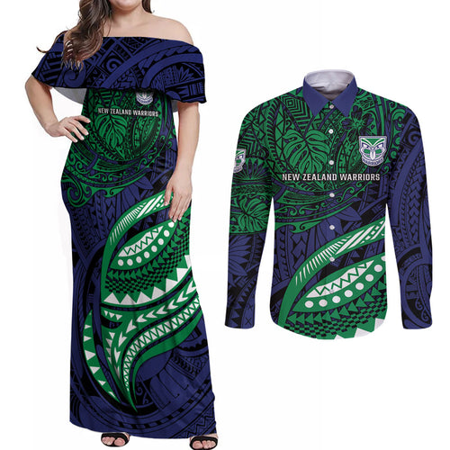 Personalised New Zealand Warriors Couples Matching Off Shoulder Maxi Dress and Long Sleeve Button Shirt Polynesian Tribal Art Style With Fierce Warrior Mascot