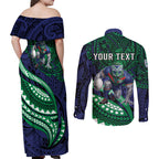 Personalised New Zealand Warriors Couples Matching Off Shoulder Maxi Dress and Long Sleeve Button Shirt Polynesian Tribal Art Style With Fierce Warrior Mascot