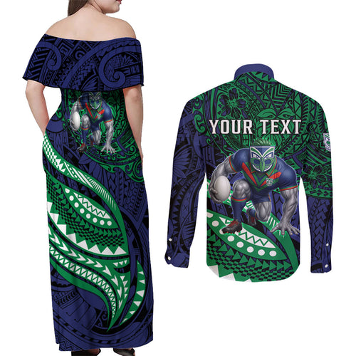 Personalised New Zealand Warriors Couples Matching Off Shoulder Maxi Dress and Long Sleeve Button Shirt Polynesian Tribal Art Style With Fierce Warrior Mascot