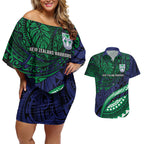 Personalised New Zealand Warriors Couples Matching Off Shoulder Short Dress and Hawaiian Shirt Polynesian Tribal Art Style With Fierce Warrior Mascot