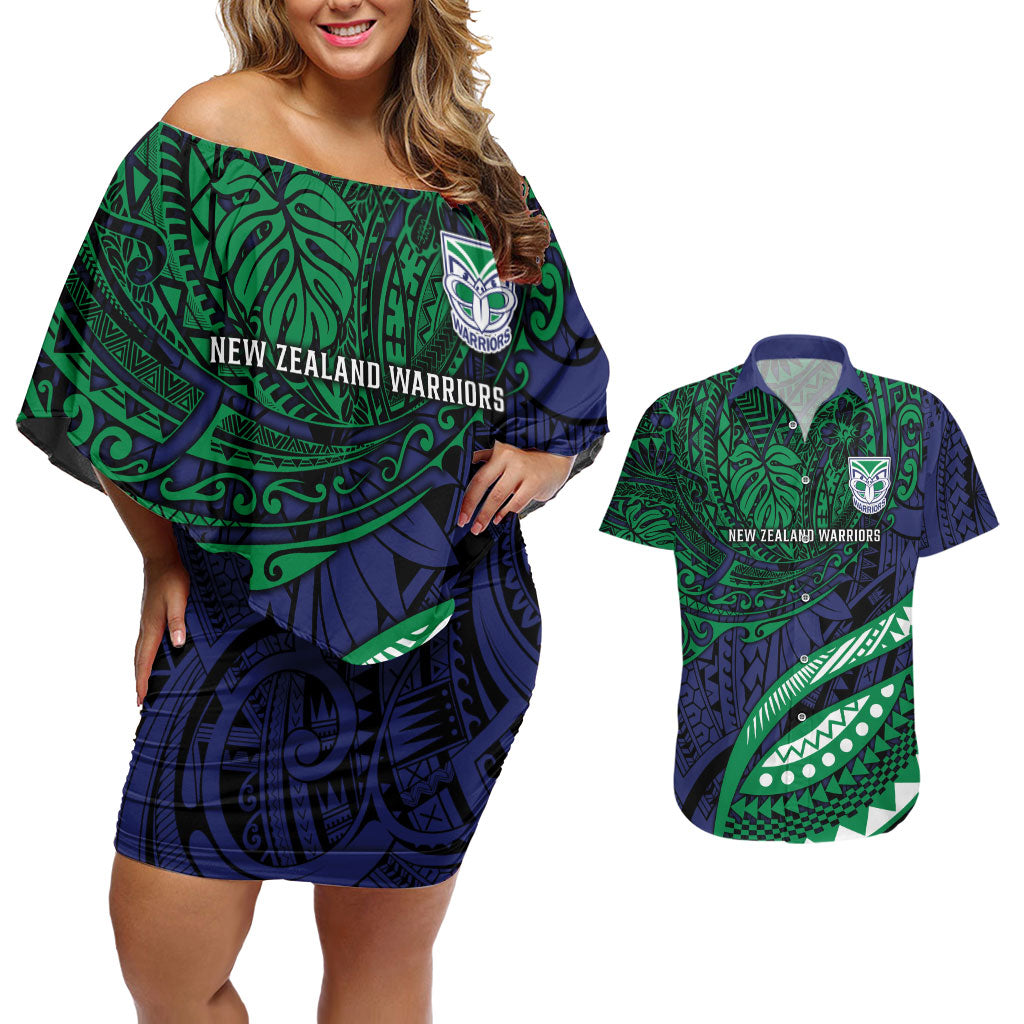 Personalised New Zealand Warriors Couples Matching Off Shoulder Short Dress and Hawaiian Shirt Polynesian Tribal Art Style With Fierce Warrior Mascot