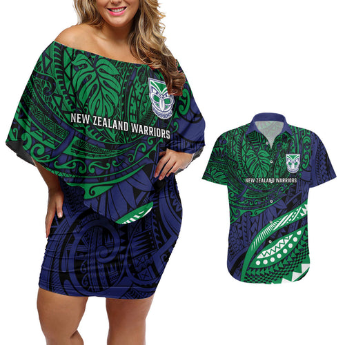 Personalised New Zealand Warriors Couples Matching Off Shoulder Short Dress and Hawaiian Shirt Polynesian Tribal Art Style With Fierce Warrior Mascot
