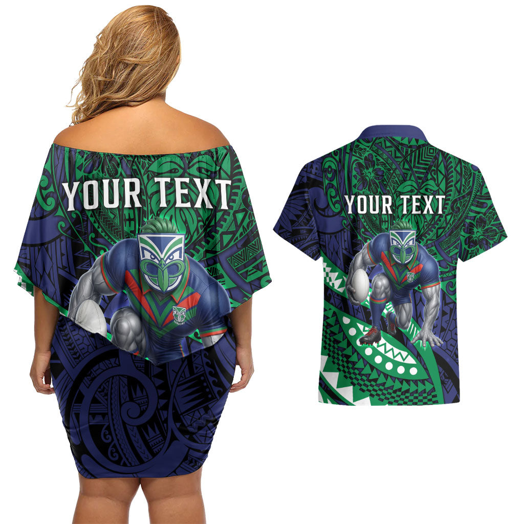 Personalised New Zealand Warriors Couples Matching Off Shoulder Short Dress and Hawaiian Shirt Polynesian Tribal Art Style With Fierce Warrior Mascot