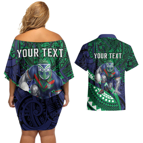 Personalised New Zealand Warriors Couples Matching Off Shoulder Short Dress and Hawaiian Shirt Polynesian Tribal Art Style With Fierce Warrior Mascot
