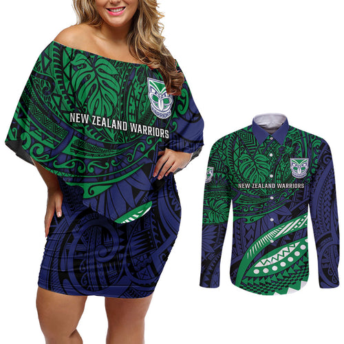 Personalised New Zealand Warriors Couples Matching Off Shoulder Short Dress and Long Sleeve Button Shirt Polynesian Tribal Art Style With Fierce Warrior Mascot