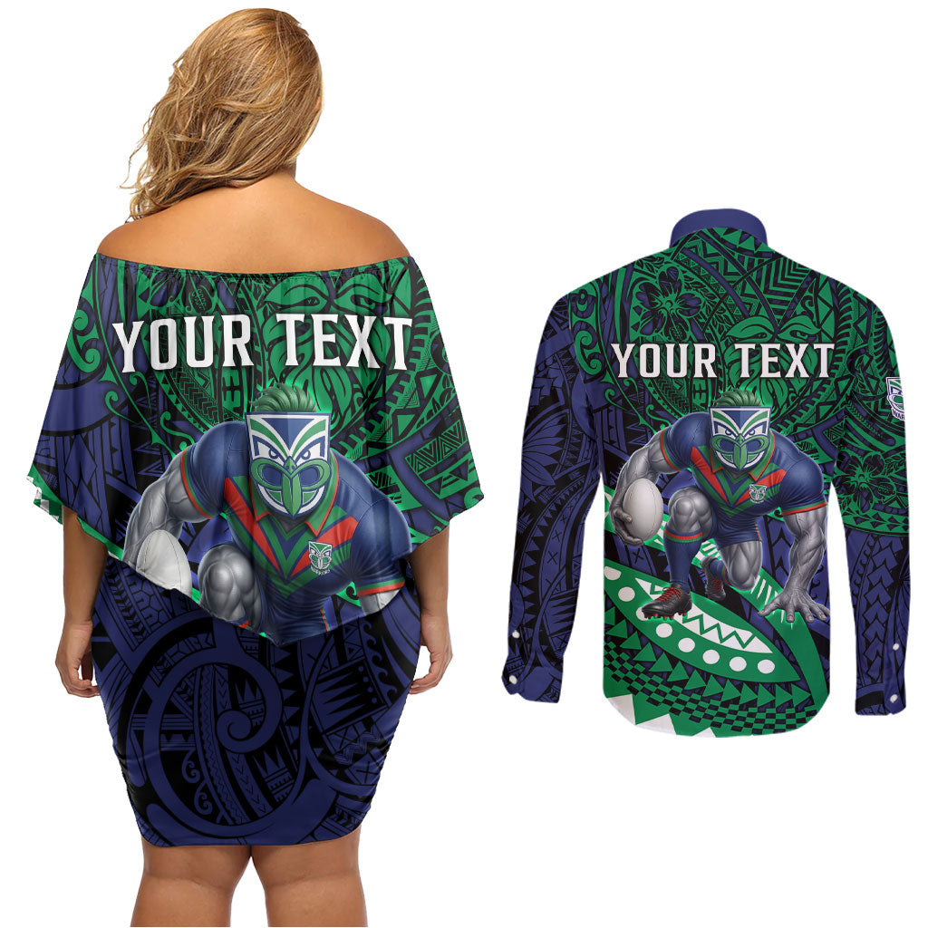 Personalised New Zealand Warriors Couples Matching Off Shoulder Short Dress and Long Sleeve Button Shirt Polynesian Tribal Art Style With Fierce Warrior Mascot
