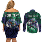 Personalised New Zealand Warriors Couples Matching Off Shoulder Short Dress and Long Sleeve Button Shirt Polynesian Tribal Art Style With Fierce Warrior Mascot