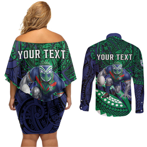 Personalised New Zealand Warriors Couples Matching Off Shoulder Short Dress and Long Sleeve Button Shirt Polynesian Tribal Art Style With Fierce Warrior Mascot