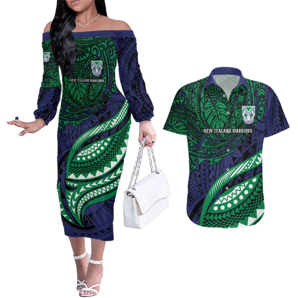 Personalised New Zealand Warriors Couples Matching Off The Shoulder Long Sleeve Dress and Hawaiian Shirt Polynesian Tribal Art Style With Fierce Warrior Mascot