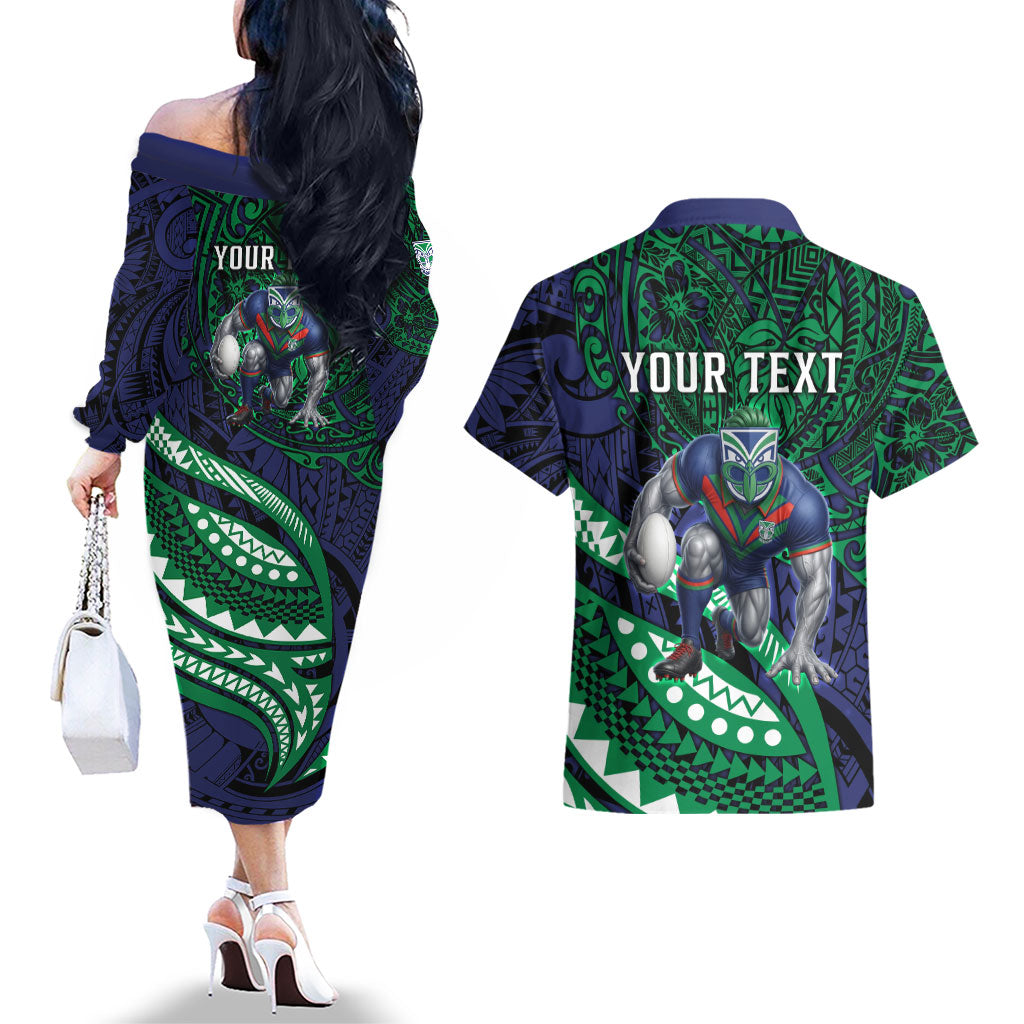 Personalised New Zealand Warriors Couples Matching Off The Shoulder Long Sleeve Dress and Hawaiian Shirt Polynesian Tribal Art Style With Fierce Warrior Mascot