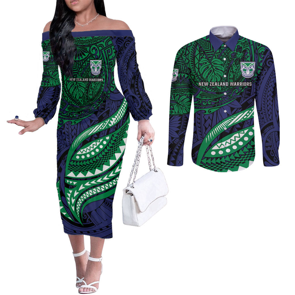 Personalised New Zealand Warriors Couples Matching Off The Shoulder Long Sleeve Dress and Long Sleeve Button Shirt Polynesian Tribal Art Style With Fierce Warrior Mascot