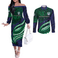 Personalised New Zealand Warriors Couples Matching Off The Shoulder Long Sleeve Dress and Long Sleeve Button Shirt Polynesian Tribal Art Style With Fierce Warrior Mascot