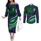 Personalised New Zealand Warriors Couples Matching Off The Shoulder Long Sleeve Dress and Long Sleeve Button Shirt Polynesian Tribal Art Style With Fierce Warrior Mascot