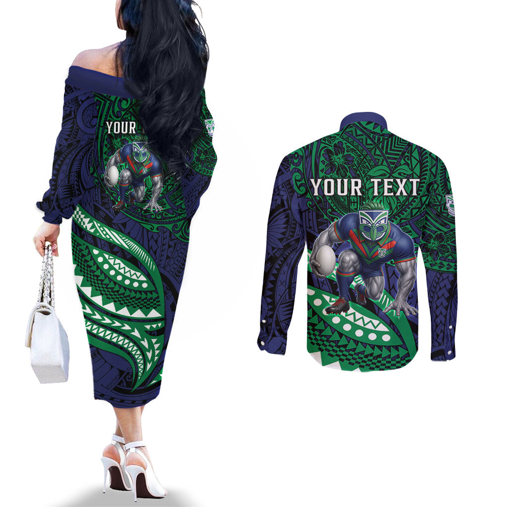 Personalised New Zealand Warriors Couples Matching Off The Shoulder Long Sleeve Dress and Long Sleeve Button Shirt Polynesian Tribal Art Style With Fierce Warrior Mascot