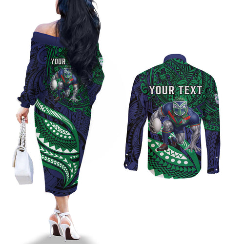 Personalised New Zealand Warriors Couples Matching Off The Shoulder Long Sleeve Dress and Long Sleeve Button Shirt Polynesian Tribal Art Style With Fierce Warrior Mascot
