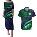 Personalised New Zealand Warriors Couples Matching Puletasi and Hawaiian Shirt Polynesian Tribal Art Style With Fierce Warrior Mascot