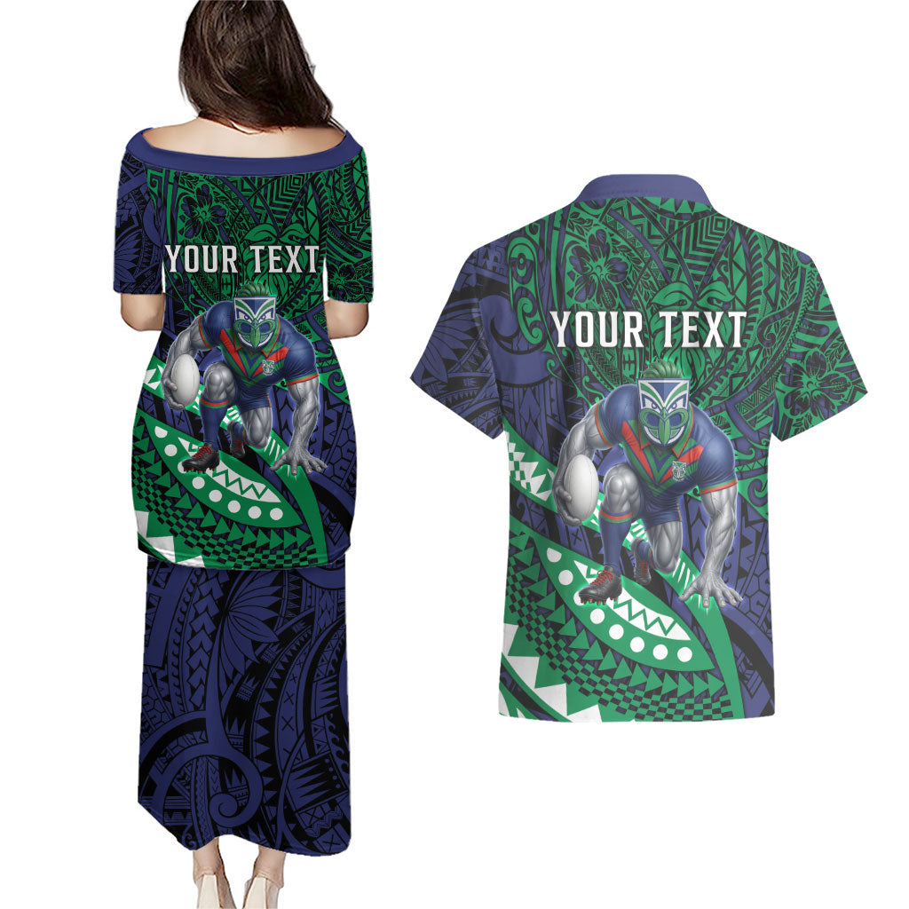 Personalised New Zealand Warriors Couples Matching Puletasi and Hawaiian Shirt Polynesian Tribal Art Style With Fierce Warrior Mascot