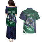 Personalised New Zealand Warriors Couples Matching Puletasi and Hawaiian Shirt Polynesian Tribal Art Style With Fierce Warrior Mascot
