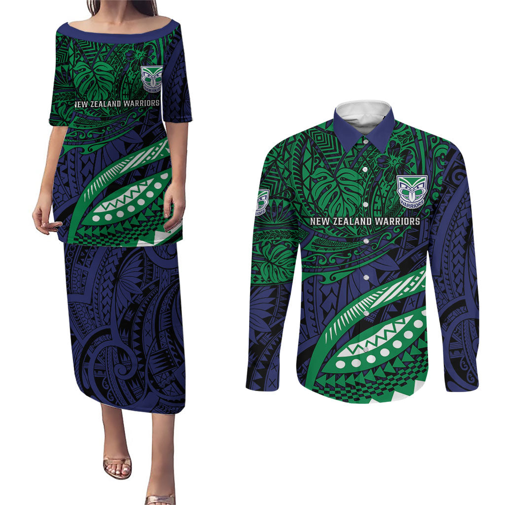 Personalised New Zealand Warriors Couples Matching Puletasi and Long Sleeve Button Shirt Polynesian Tribal Art Style With Fierce Warrior Mascot