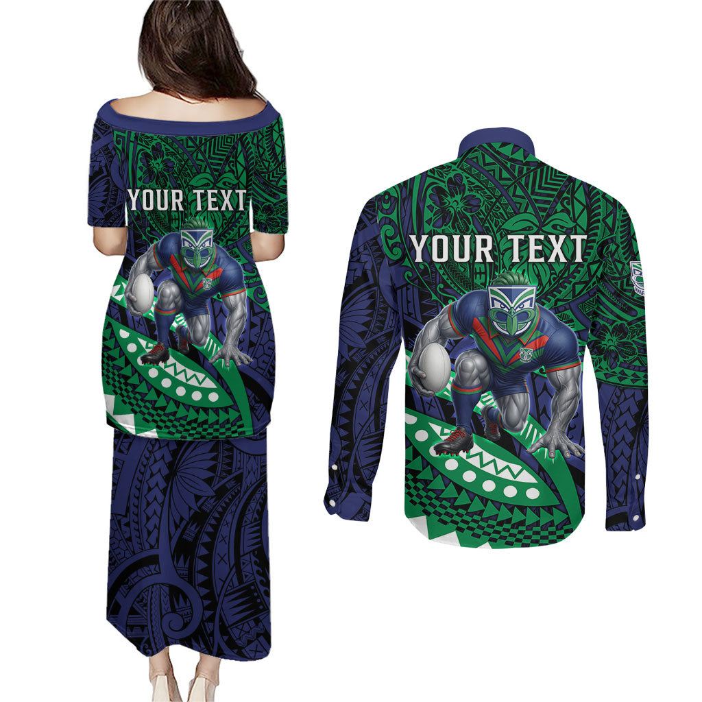 Personalised New Zealand Warriors Couples Matching Puletasi and Long Sleeve Button Shirt Polynesian Tribal Art Style With Fierce Warrior Mascot