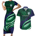 Personalised New Zealand Warriors Couples Matching Short Sleeve Bodycon Dress and Hawaiian Shirt Polynesian Tribal Art Style With Fierce Warrior Mascot