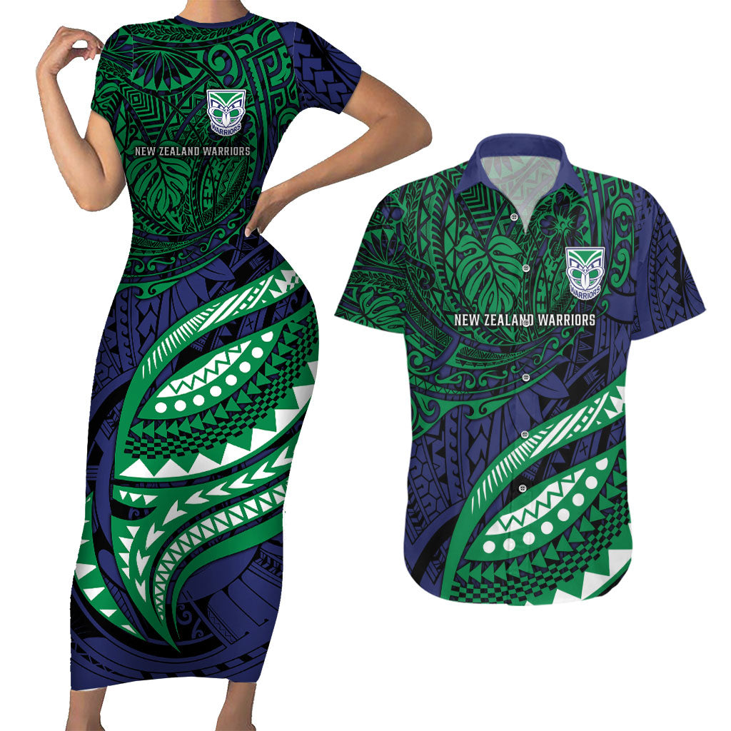 Personalised New Zealand Warriors Couples Matching Short Sleeve Bodycon Dress and Hawaiian Shirt Polynesian Tribal Art Style With Fierce Warrior Mascot