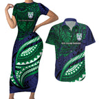 Personalised New Zealand Warriors Couples Matching Short Sleeve Bodycon Dress and Hawaiian Shirt Polynesian Tribal Art Style With Fierce Warrior Mascot