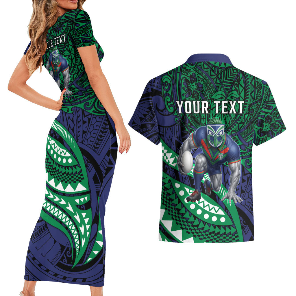 Personalised New Zealand Warriors Couples Matching Short Sleeve Bodycon Dress and Hawaiian Shirt Polynesian Tribal Art Style With Fierce Warrior Mascot