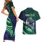 Personalised New Zealand Warriors Couples Matching Short Sleeve Bodycon Dress and Hawaiian Shirt Polynesian Tribal Art Style With Fierce Warrior Mascot