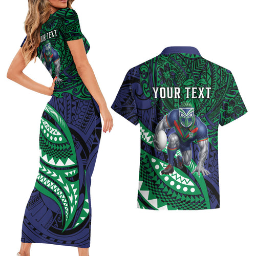 Personalised New Zealand Warriors Couples Matching Short Sleeve Bodycon Dress and Hawaiian Shirt Polynesian Tribal Art Style With Fierce Warrior Mascot