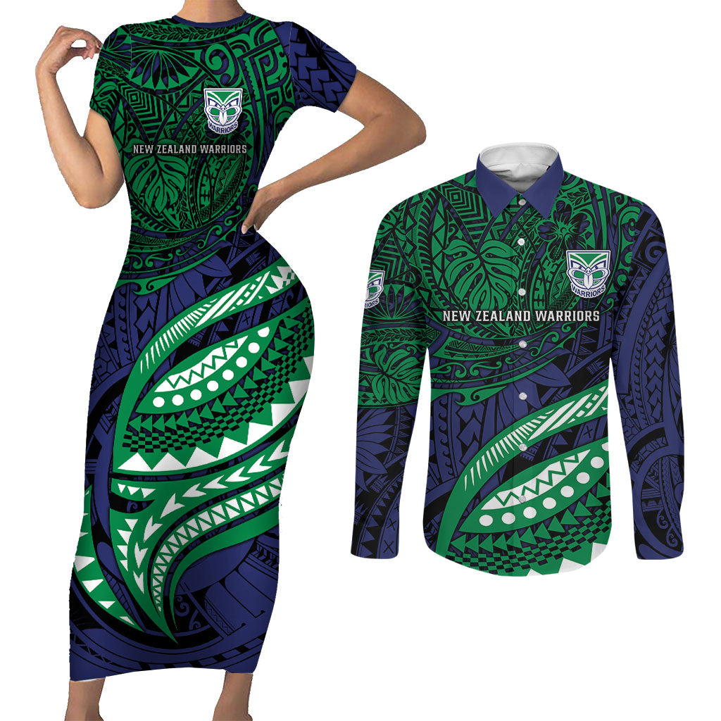 Personalised New Zealand Warriors Couples Matching Short Sleeve Bodycon Dress and Long Sleeve Button Shirt Polynesian Tribal Art Style With Fierce Warrior Mascot