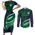 Personalised New Zealand Warriors Couples Matching Short Sleeve Bodycon Dress and Long Sleeve Button Shirt Polynesian Tribal Art Style With Fierce Warrior Mascot