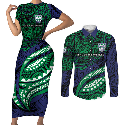 Personalised New Zealand Warriors Couples Matching Short Sleeve Bodycon Dress and Long Sleeve Button Shirt Polynesian Tribal Art Style With Fierce Warrior Mascot